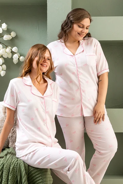 Uzun Kol Gömlek Yaka Kadın Pinterest Pijama Takımı - Mevsimlik Kadın Pijama- Geniş Beden Aralığı - 22