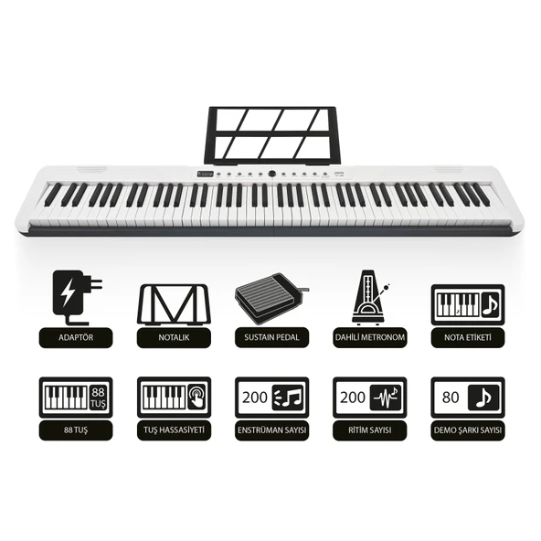 Jwin JDP-3088 Tuş Hassasiyetli 88 Tuşlu Dijital Piyano - Beyaz