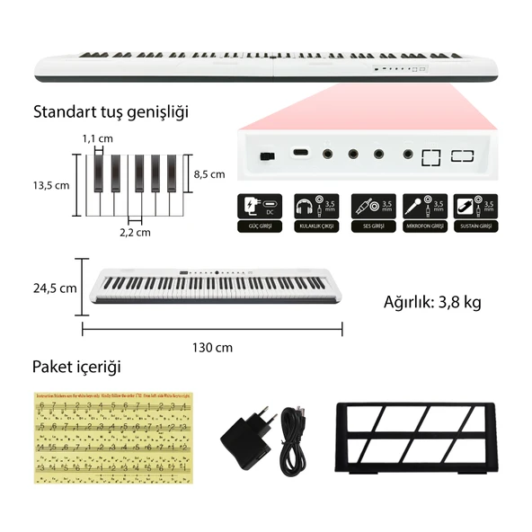 Jwin JDP-3088 Tuş Hassasiyetli 88 Tuşlu Dijital Piyano - Beyaz - 2
