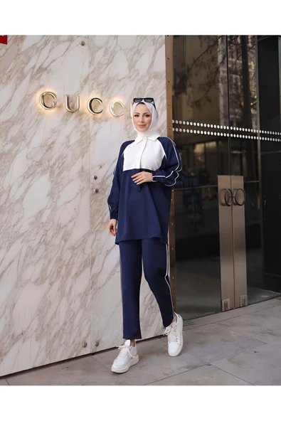 Aysu Lacivert Kadın Trend Yarım Patlı Gömlek Yaka Pantolon Takım AYSU-4265