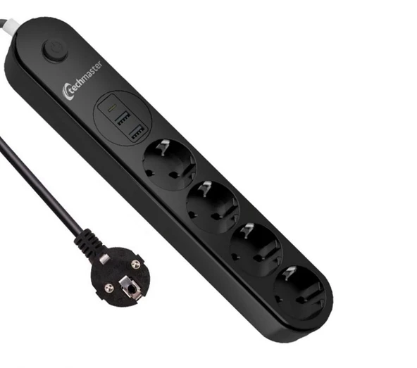 Techmaster 2 Usb+Type-C Akım ve Çocuk Korumalı 4'lü Priz 2mt