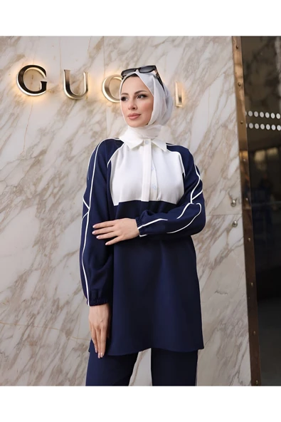 Aysu Lacivert Kadın Trend Yarım Patlı Gömlek Yaka Pantolon Takım AYSU-4265 - 2