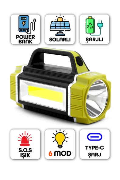 Solarlı El Feneri 6 MODLU Şarjlı Güneş Enerjili 31 COB LED Kamp Lambası Işığı Powerbank TYPE-C 8207