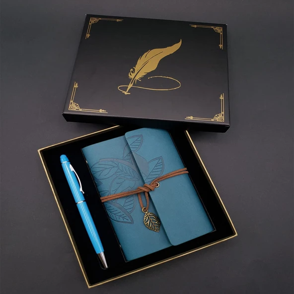 Periboia Siyah Kutulu Yaprak Desenli Mavi Deri Defter Ve Kalem Seti