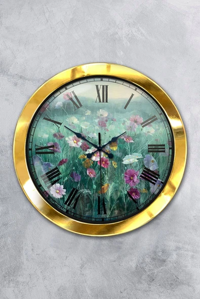 Kasva Concept Hediyelik 36 Cm Gold Metal Çiçek Duvar Saati