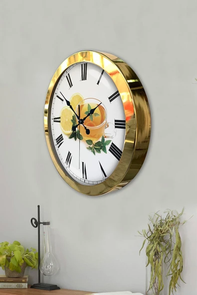 Kasva Concept Hediyelik 36 Cm Gold Metal Limonlu Çay Duvar Saati - 3