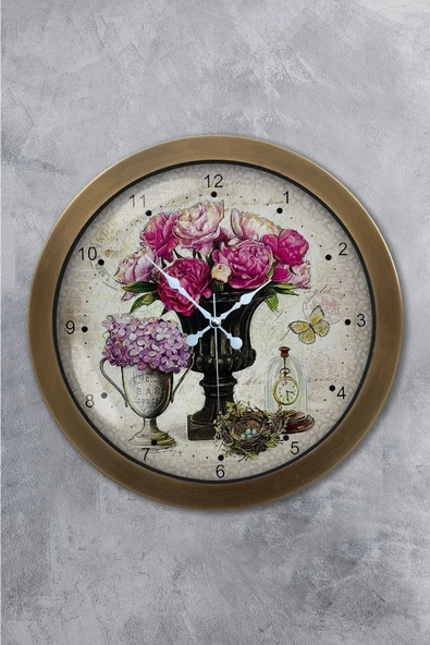 Kasva Concept 36 cm Eskitme Metal Pembe Çiçek Duvar Saati
