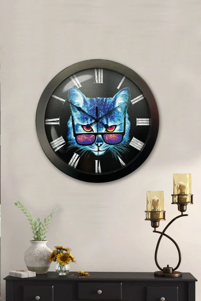 Kasva Concept Hediyelik 36 Cm Siyah Metal Kedi Duvar Saati