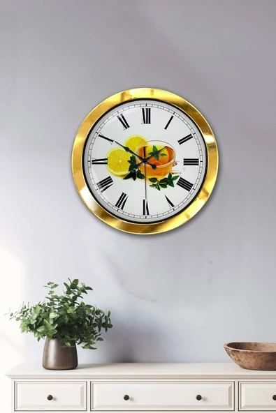 Kasva Concept Hediyelik 36 Cm Gold Metal Limonlu Çay Duvar Saati - 2