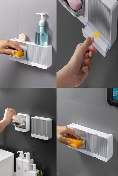 Çift Bölmeli Duvara Monte Sabunluk Organizer – Şık Güçlü Yapışkanlı 2 Bölmeli Banyo & Mutfak Beyaz - 5