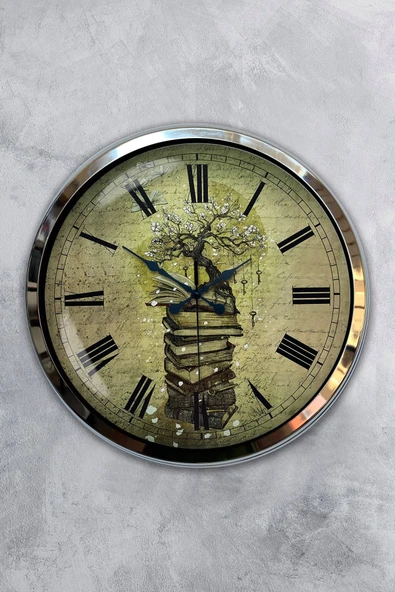 Kasva Concept Hediyelik 40 Cm Krom Metal Kitap Duvar Saati - 1