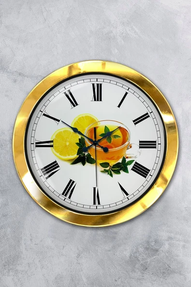 Kasva Concept Hediyelik 36 Cm Gold Metal Limonlu Çay Duvar Saati