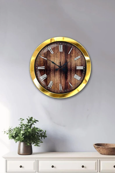 Kasva Concept Hediyelik 36 Cm Gold Metal Wood Duvar Saati
