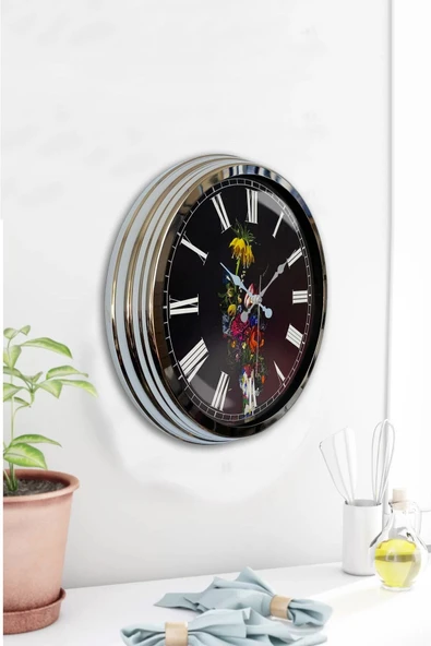 Kasva Concept 40 Cm Krom Metal Vazolu Çiçek Duvar Saati Hediyelik