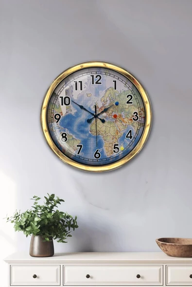 Kasva Concept Hediyelik 40 Cm Gold Metal Harita Duvar Saati