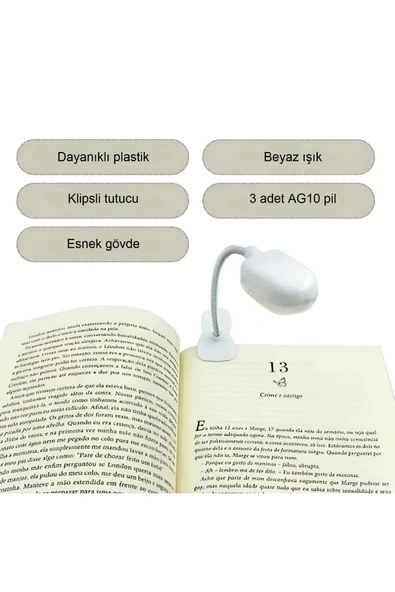 Pilli LED'li Mandallı Kitap ve Klavye Okuma Lambası Beyaz Ayarlanabilir Esnek Boyun Portatif Pratik - 2