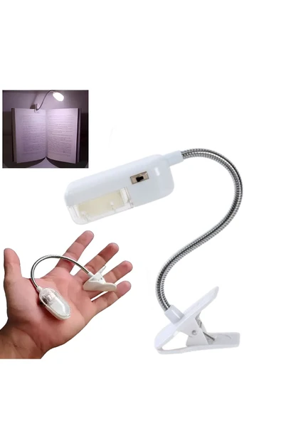 Pilli LED'li Mandallı Kitap ve Klavye Okuma Lambası Beyaz Ayarlanabilir Esnek Boyun Portatif Pratik