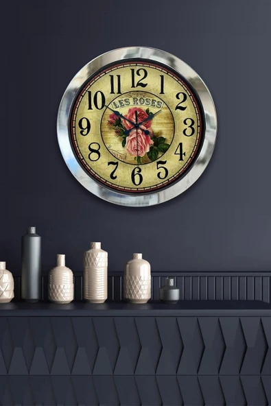 Kasva Concept Hediyelik 36 Cm Krom Metal Gül Duvar Saati