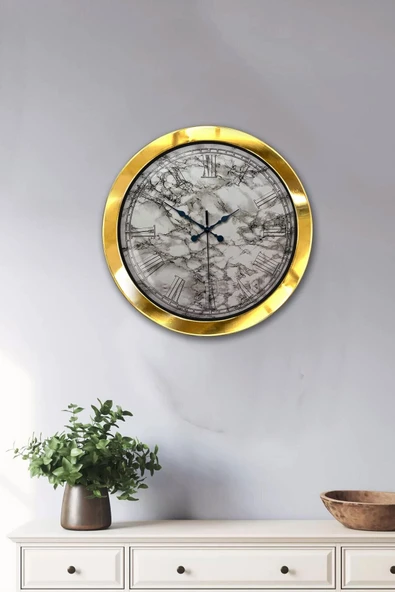 Kasva Concept Hediyelik 36 Cm Gold Metal Mermer Tasarım Duvar Saati