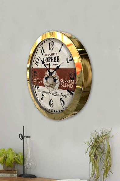 Kasva Concept Hediyelik 36 Cm Gold Metal Espresso Duvar Saati - 3
