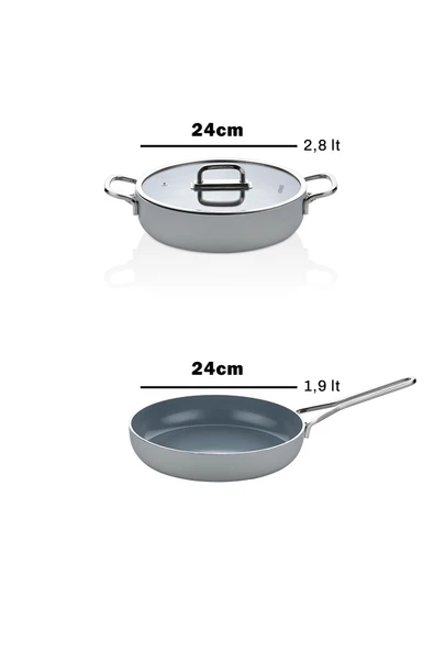 3 Parça Nova Midi Yanmaz Yapışmaz Seramik Basık Tencere Tava Seti 24 cm – Gri - 5