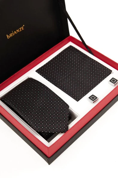 Brianze Siyah Desenli Kravat Mendil ve Kol Düğmesi Hediyelik Set - Resim 2