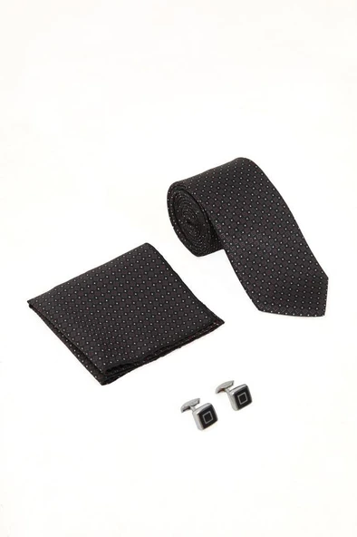 Brianze Siyah Desenli Kravat Mendil ve Kol Düğmesi Hediyelik Set - Resim 3