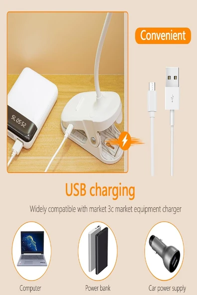 Şarjlı USB’li Dokunmatik 3 Modlu Klipsli Mandallı LED Okuma Lambası 360° Esnek Beyaz Göz Koruma - 6