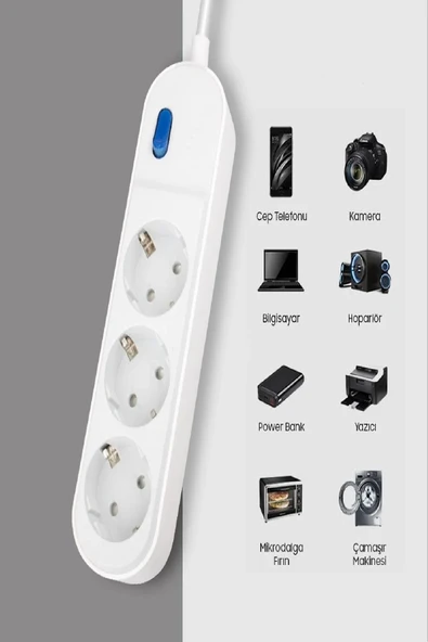 Anahtarlı Akım Korumalı 3’lü Grup Priz 1.5m Bakır Kablolu 16A 3500W Beyaz Dayanıklı Tasarım Ev Ofis - 2