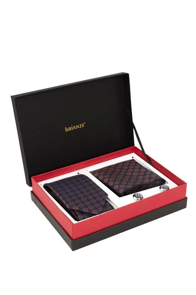 Brianze Lacivert Desenli Kravat Mendil ve Kol Düğmesi Hediyelik Set