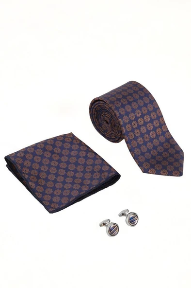 Brianze Lacivert Desenli Kravat Mendil ve Kol Düğmesi Hediyelik Set - 3