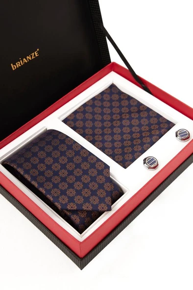 Brianze Lacivert Desenli Kravat Mendil ve Kol Düğmesi Hediyelik Set - 2