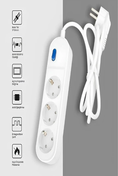 Anahtarlı Akım Korumalı 3’lü Grup Priz 1.5m Bakır Kablolu 16A 3500W Beyaz Dayanıklı Tasarım Ev Ofis