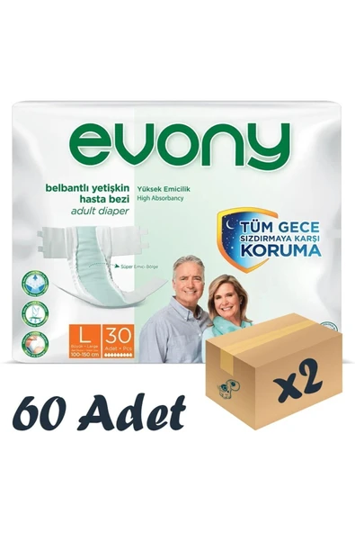 Evony Bel Bantlı Yetişkin Hasta Bezi Large 30lu 2 Paket 60 Adet