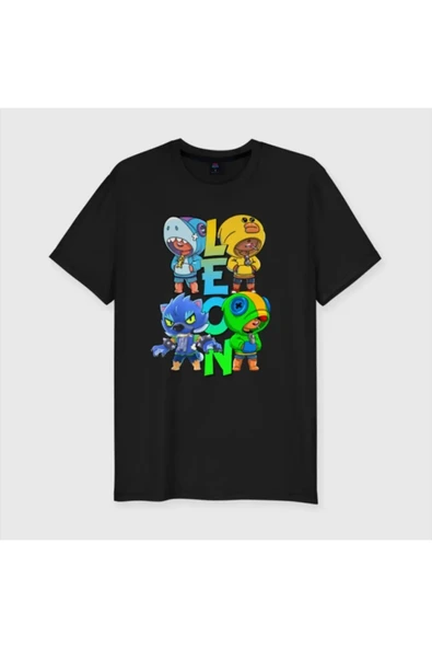 Unisex Cocuk Siyah Brawl Stars Leon Karakterli Tişörtü
