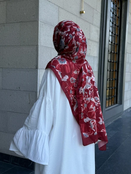 Pamuklu Mimoza Desen Şal- Bordo