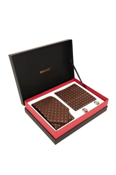 Brianze Kahve Desenli Kravat Mendil ve Kol Düğmesi Hediyelik Set.jpg