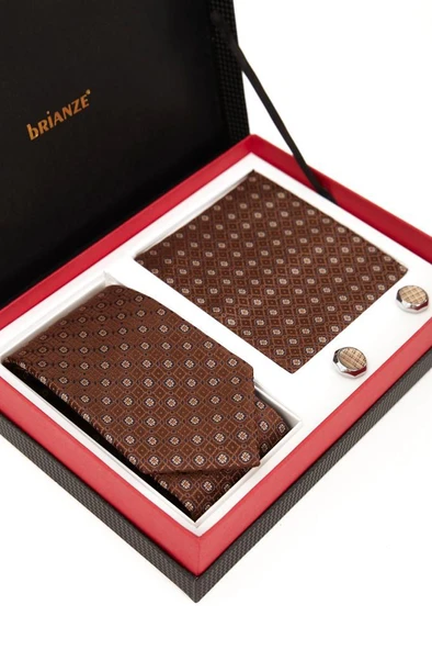 Brianze Kahve Desenli Kravat Mendil ve Kol Düğmesi Hediyelik Set.jpg - 2