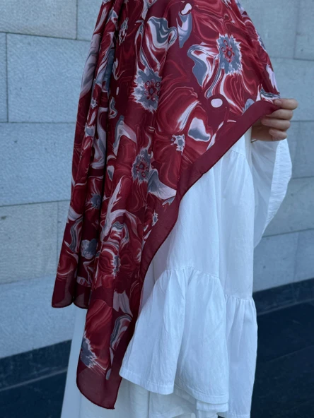 Pamuklu Mimoza Desen Şal- Bordo - 5