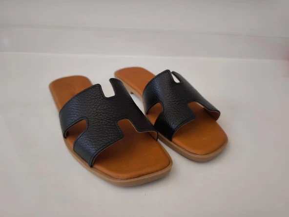 Kadın Deri Terlik Kaymaz Taban Yumuşak  Giydirimli - 9