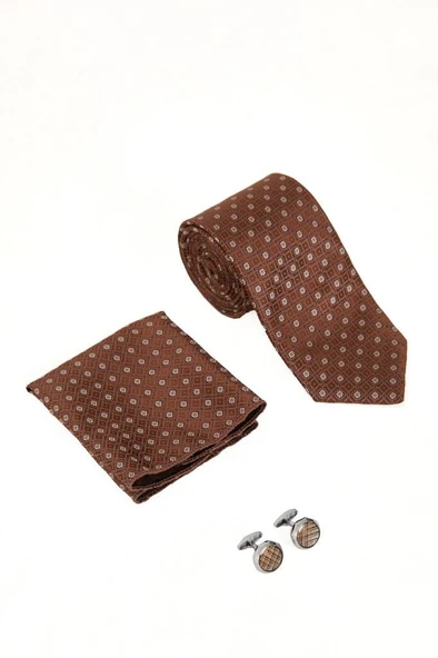 Brianze Kahve Desenli Kravat Mendil ve Kol Düğmesi Hediyelik Set.jpg - 3