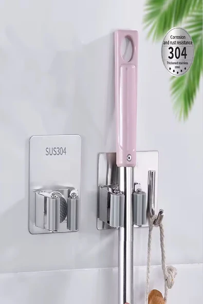 Kancalı Duvara Monte Süpürge ve Paspas Tutucu – 5 Bölmeli Dayanıklı Askı Aparatı, Pratik Depolama - 3