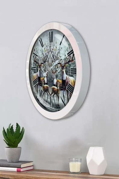 Platin Saat Hediyelik 36 Cm Beyaz Metal Geyik Duvar Saati - 3