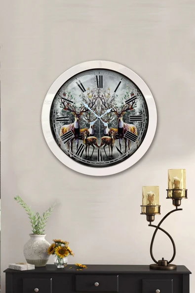 Platin Saat Hediyelik 36 Cm Beyaz Metal Geyik Duvar Saati - 2