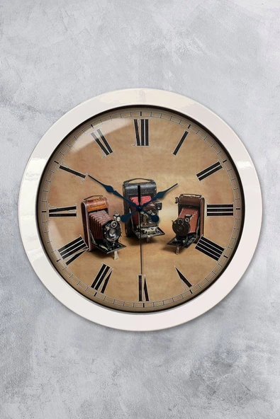 Platin Saat 36 Cm Beyaz Metal Fotoğraf Makinası Duvar Saati