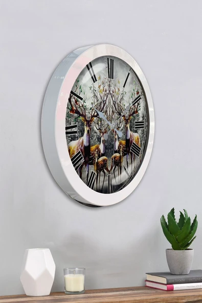 Platin Saat Hediyelik 36 Cm Beyaz Metal Geyik Duvar Saati - 4