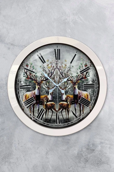 Platin Saat Hediyelik 36 Cm Beyaz Metal Geyik Duvar Saati - 1
