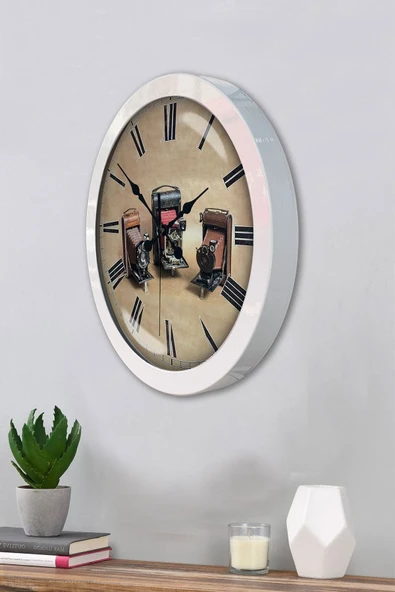Platin Saat 36 Cm Beyaz Metal Fotoğraf Makinası Duvar Saati - 3