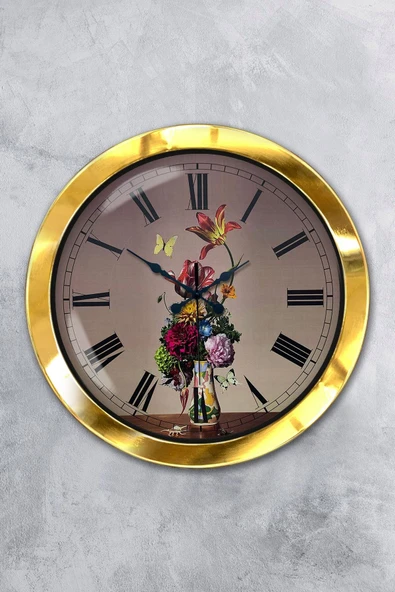 Platin Saat Hediyelik 36 Cm Gold Metal Çiçek Duvar Saati