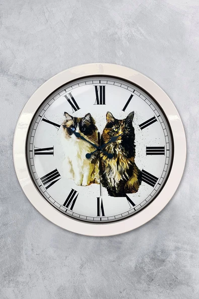 Platin Saat Hediyelik 36 Cm Beyaz Metal Kedi Duvar Saati
